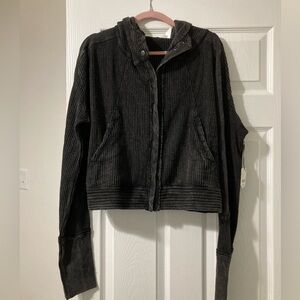 NWT Free People Mason Hoodie Waffle Knit Hooded Jacket Oversized Black Size XL